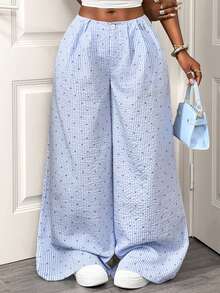 BamGleam Women's Striped Wide Leg Loose Casual Pants Vacation Boho Sexy Plain Plaid Striped Casual Cotton Pants Summer Pants Beach Pants For Women Summer Wide Leg Pants Wide Leg Summer Pants - Blue and White - View 3