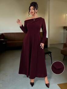 Elenzga Váy suông cổ lọ tay dài dáng chữ A, viền đuôi cá, chất liệu dệt kim mềm mại, vai bất đối xứng, viền bất đối xứng, cỡ lớn, thanh lịch cho các buổi đi chơi, tiệc tùng, hẹn hò và đi làm - Màu Đỏ Sâu - Xem 6
