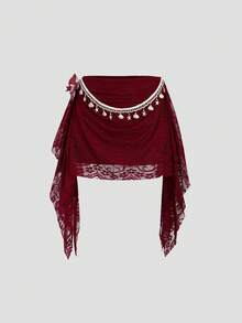 Sweetra Chân váy mini xòe dáng vintage thanh lịch, gợi cảm với họa tiết ren phối ghép, vạt áo xếp ly bất đối xứng, thích hợp cho tiệc Valentine. - Màu Đỏ Sâu - Xem 8