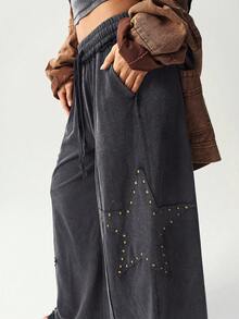 Bohemela Women's Casual Solid Color Knit Loose Wide-Leg Washed Pants - Grey - View 5