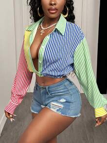 BamGleam Áo sơ mi nữ tay dài kẻ sọc, cài một hàng khuy, dáng ngắn, phong cách thường ngày. - Nhiều màu - Xem 3