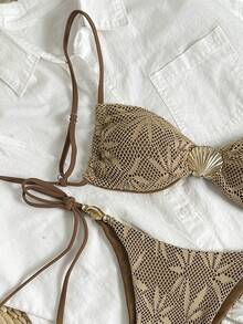 Swim Vcay Bộ bikini nữ mùa xuân/hè gồm áo hai dây dệt kim jacquard không gọng, họa tiết vỏ sò và quần bơi buộc dây bên hông, thích hợp cho kỳ nghỉ biển hoặc du lịch. - màu nâu - Xem 3
