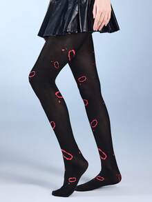 ROMWE Grunge Punk 1 par de medias de mujer con diseño de corazón plateado, de estilo minimalista y casual para todas las estaciones, para uso diario - Negro rojo - Ver 3