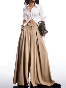LYSMO 女士休闲卡其色褶皱阔腿西装裤 - 卡其色 - 查看 6
