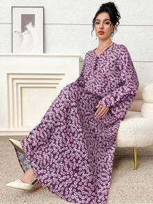 女士印花长袖土耳其长裙和阿拉伯传统长袍 - 中紫紅色 - 查看 6