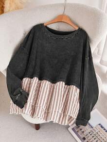 CosyJoli Camiseta de manga larga con cuello redondo, estilo casual, de talla grande, con rayas, parches y estampado floral nevado lavado, para primavera - Multicolor - Ver 3
