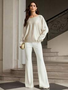 ZEYLAH Women's Contrast Lace Batwing Sleeve Loose Elegant Blouse - Champagne - View 5