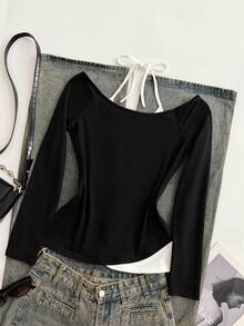 Glimmora 女士Y2K风格休闲日常通勤打结吊带长袖两用T恤，春秋季 - 黑與白 - 查看 5