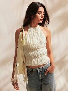 Easelle Áo quây hở lưng, xếp ly, màu trơn thời trang dành cho nữ - Màu be - Xem 5