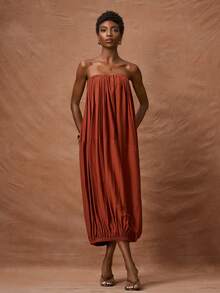 Zivah Women's Elegant Rust Brown Summer Dress,Strapless Ruched Waist Gathered Ruffle Maxi Dress,Boho Loose Solid Color Holiday Vacation Party Midi Dress - Brown - View 5