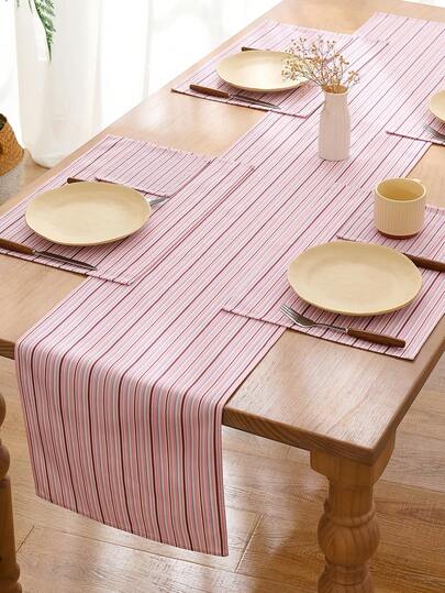 Nordic Minimalist Pink Striped Pattern Table Runners (1 Piece), Suitable For Dining Tables, Cafes, Outdoor Terraces In The Spring Sun, Balconies And Garden Picnic Decoration; Thickened Imitation Linen Material, Delicate Texture, Suitable For All Seasons