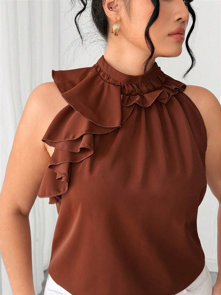 Elenzga Blusa elegante de cuello halter con volantes y unicolor para mujer de talla grande - Marrón - Ver 1
