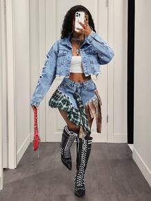 BamGleam Áo khoác denim nữ dáng casual, rách rưới, cài một hàng khuy. - Màu xanh lam - Xem 8