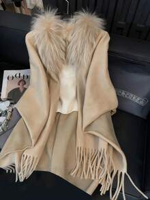 Franclia Women's Elegant Commuting & Outdoor Fringed Poncho Cardigan With Fur Collar, Fashion Scarf Shawl, Autumn/Winter
