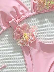 Swim Mod Bộ đồ bơi 2 mảnh, vải trơn màu bóng họa tiết hoa, áo ngực tam giác hở lưng và quần cắt cao, bộ bikini gợi cảm, xuân/hè - Màu Hồng baby - Xem 5