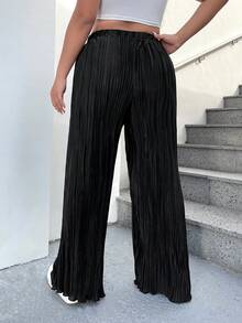 SHEIN EZwear Pantalones de pierna ancha de cintura con cordón plisado - Negro - Ver 9