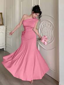 Modelyn 1件女士无袖褶皱紧身连衣裙，纯色 - 玫紅色 - 查看 2