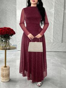 Feyla Long Sleeve Front Slit 3D Floral Elegant Elegant Versatile Party Dress - Burgundy - View 5