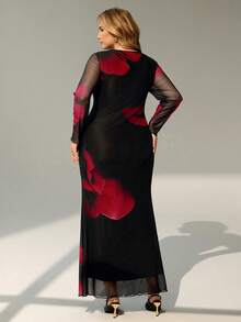 SHEIN Essnce Đầm maxi cỡ lớn thanh lịch cổ thuyền tay dài nhuộm màu loang ngẫu nhiên chất liệu lưới xuyên thấu gợi cảm dự tiệc cocktail thường ngày - Màu Hồng Tươi - Xem 3