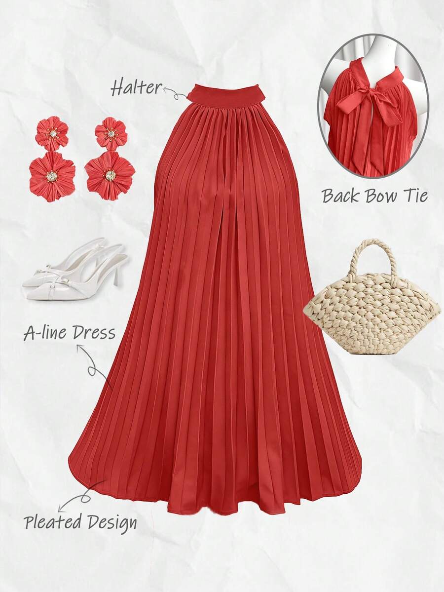 Chiquease 露肩吊带褶皱休闲连衣裙，适合新年度假海滩穿着 - 紅色 - 查看 1