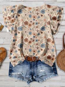 EMERY ROSE Áo kiểu nữ cổ tròn tay bồng in hoa, thích hợp mặc đi nghỉ mát. - Màu Khaki - Xem 2