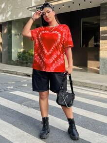 SHEIN EZwear 大码女式圆领落肩短袖休闲宽松扎染爱心T恤 - 亮橙色 - 查看 3