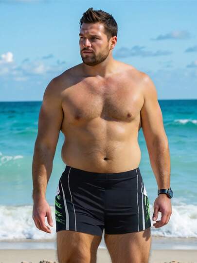 Manfinity Swimmode Plus Size Men's Beach Vacation Casual Printed Swim Trunks