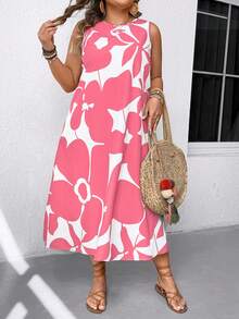 EMERY ROSE Plus Size Colorblock Print Round Neck Sleeveless Dress - Pink - View 3