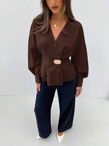 Siren Gaze 女士时尚优雅束腰衬衫，秋冬季 - 棕色 - 查看 6