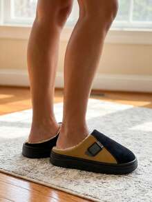 Unisex pantuflas de forro afelpado hebilla decorativa punta cerrada estilo acogedor para uso en casa pantuflas - Negro - Ver 3