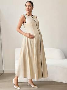 MaterniWear Maternity Clothes Maternity Jumpsuit Elegant Office Attire For Commuting Summer Khaki And Black Trim Round Neck Single-Breasted Sleeveless Maternity Dress, Long Style, Cotton Dress.