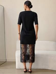 MaterniWear 孕妇圆领短袖撞色蕾丝下摆优雅连衣裙 - 黑色 - 查看 2