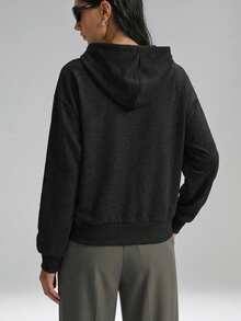 SHEIN EZwear Women's Casual Black Front Zipper Long Sleeve Hooded Sweatshirt With Pockets Graduation,Back To School Outfits,Graduation,Teacher Outfits For Women,Back To School In Fall/Winter - Black - View 2