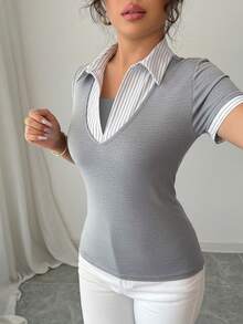 Elenzga 女士优雅复古风二合一商务休闲T恤，适合办公室和返校季穿着 - 淺灰色 - 查看 3