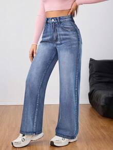 Jeanoix 高腰直筒宽松蓝色休闲百搭日常牛仔裤 - 中等水洗藍 - 查看 4