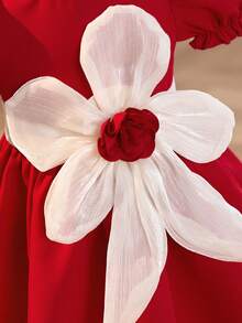 SHEIN Babygirl Cute & Elegant Red Floral Short Sleeve Dress This Elegant Red 3D Floral Princess Dress Is Perfect For Parties And Gatherings With Family And Friends. - Red - View 6