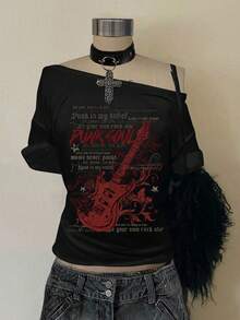 Attitoon Casual Minimalist Guitar Graphic Dropped Shoulder Women T-Shirt, Suitable For Summer - Black - View 4