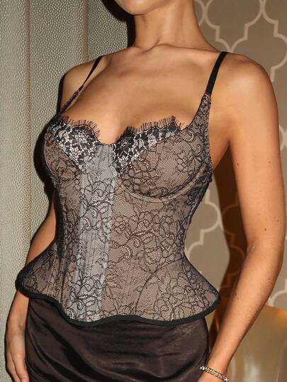 Glamine Charm Women's Lace Patchwork Simple Daily Camisole See Through Top Lace Corset Strappy Corset Corsets Women Tops Lingerie Top