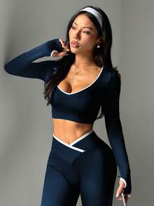 SHEIN Dewbera Bộ đồ thể thao liền mạch màu tương phản 2 món cho nữ - Nhiều màu - Xem 7