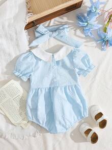 SHEIN Baby Girl Colorblock Peter Pan Collar Puff Sleeve Cute Bodysuit - Blue - View 2