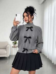 Elenzga Sweater Leher Bulat Wanita Ukuran Besar dengan Hiasan Pita - Grey - View 5
