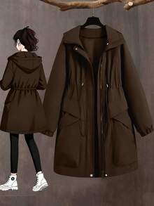 Linhara Kurtka damska w jednolitym kolorze, ściągana sznurkiem w pasie, swobodna, z długim rękawem i kapturem, gruba - Brązowy - Zobacz 1