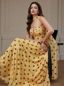 Aveloria Rosie 复古波点印花网纱扭结装饰连衣裙，配腰带，优雅法式浪漫女装 - 彩色 - 查看 6