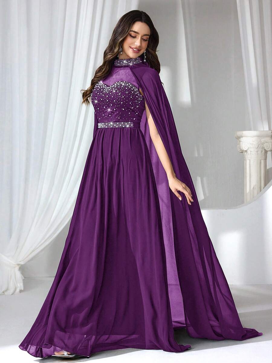 Coutiva 女士水钻和仿珍珠装饰正式晚礼服（重工装饰）紫色晚礼服披肩连衣裙紫色礼服紫罗兰色连衣裙女士晚礼服女士披肩连衣裙紫罗兰色正式礼服水钻装饰连衣裙长款紫色连衣裙装饰正式礼服女士正装 - 紫色 - 查看 1