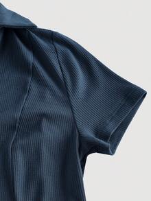 SHEIN MOD 复古卡其色荷叶边领针织迷你连衣裙 - 学院风，70年代复古风，休闲舒适，通勤必备，尽显老钱气质，完美适用于校园装、教师服和办公室着装。 - 藏蓝色 - 查看 3