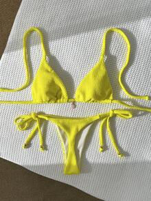 Swim Mod Women's Jacquard Fabric Halter Metal Decor Sexy Bikini Set, Summer - Yellow - View 1