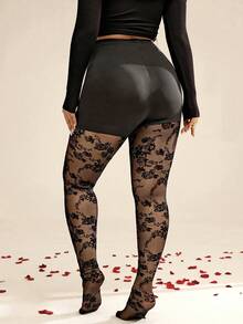 Auralis 加大码黑色透视性感紧身裤/打底裤，适合秋冬季派对、生日、约会等场合；优雅OL打底裤；JK风格打底裤；黑色玫瑰植绒网纱透视情人节下装，新年/情人节/植绒玫瑰图案透视高弹紧身裤/长筒袜/情人节/春季女装 - 黑色 - 查看 3