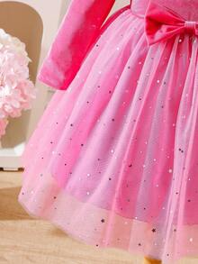 Glamorique Kids Girls' New Velvet Patchwork Star Mesh Red Christmas Dress, Suitable For Autumn/Winter, Quality Fabric, Soft Star Mesh, Velvet Patchwork Design, Suitable For Christmas And Casual Occasions