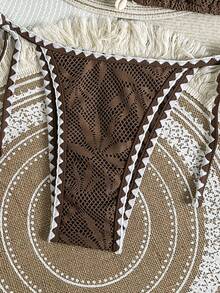 Swim Vcay Solid Color Triangle Wireless Bra Halter Neck Shell Decor Ruffle Trim Top And Side Tie Swim Bottoms Women Beach Vacation Swimwear Set, Spring/Summer Boho Bikini Set - Coffee Brown - View 5