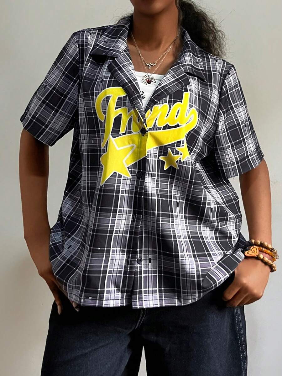 StreetHx Women's Fashionable Multi-Color Plaid Print Short Sleeve Shirt - Black - View 1